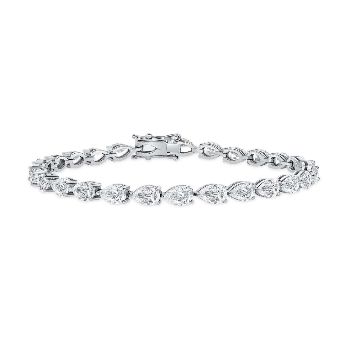 Pear Shaped Diamond 18K White Gold Tennis Bracelet: 18k Gold tennis bracelet, featuring exquisite pear-shaped natural diamonds. Designed to add a touch of elegance to any occasion, it embodies both luxury and timeless beauty. The perfect combination