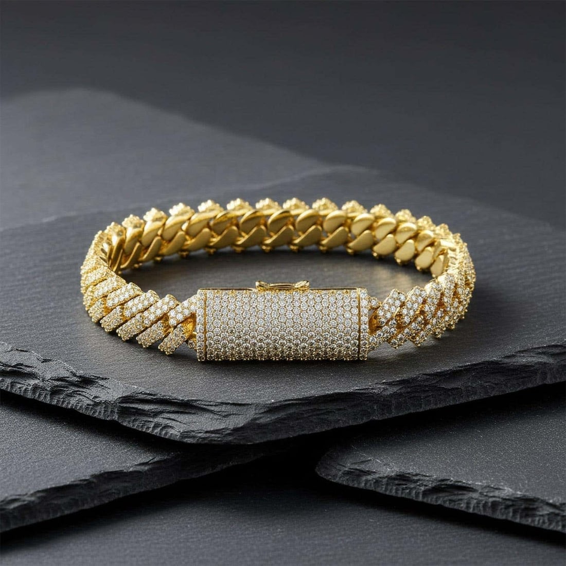 Round Cut Diamond 14K (or 18k upon request) Yellow Gold Cuban Bracelet: This luxurious Round Cut Diamond 14K Yellow Gold Cuban Bracelet is a statement of elegance and timeless style. Adorned with brilliant round-cut diamonds, it offers a captivating sparkle that complemen