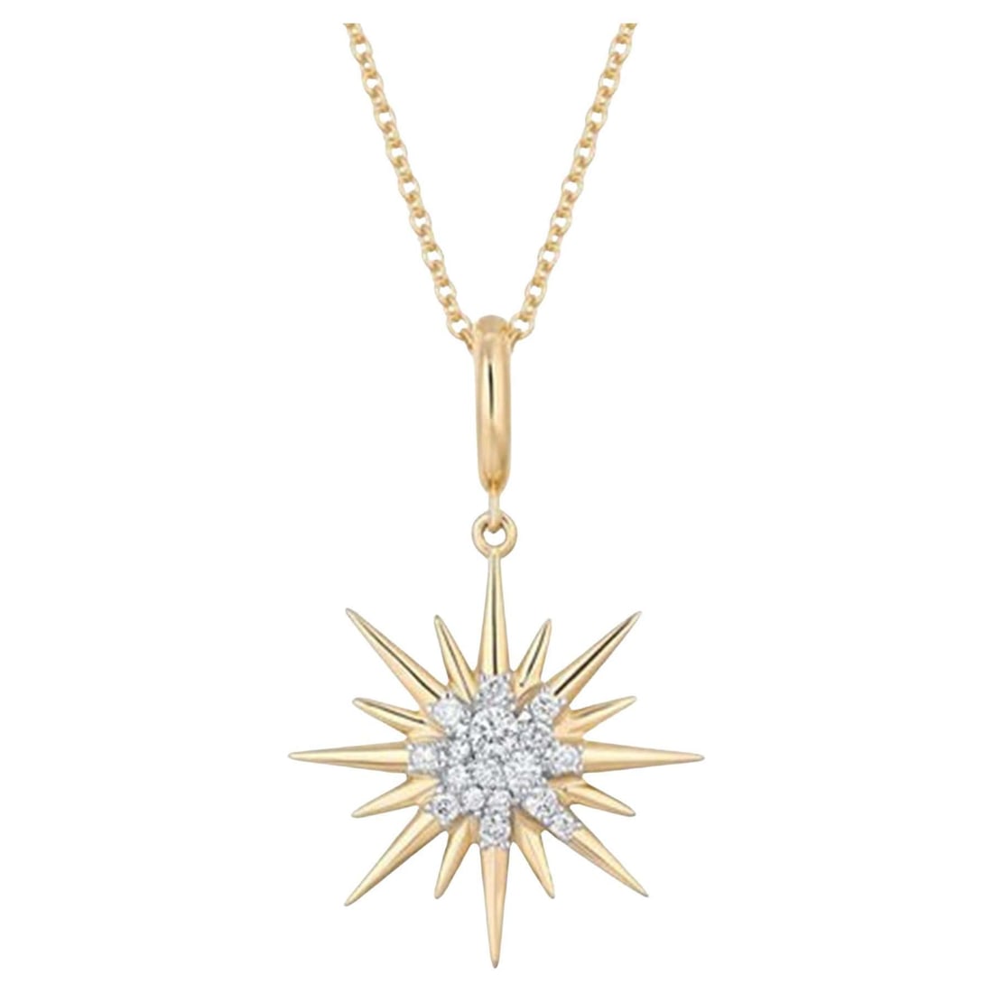Diamond Spike 14K (or 18k upon request) Yellow Gold Pendant Necklace: The Diamond Spike 14K Yellow Gold Pendant Necklace features an edgy yet elegant design crafted in 14K yellow and white gold. Adorned with 17 full-cut natural diamonds totaling 0.25 carats, this 32.9mm