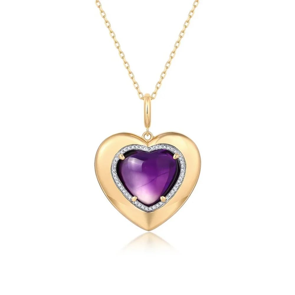 Amethyst Heart 14K (or 18k upon request) Yellow Gold Cabochon Pendant Necklace: Celebrate love, light, and elegance with the Amethyst Heart Cabochon Pendant Necklace, a masterpiece of warmth and sophistication. Crafted in solid 14K yellow gold, this pendant features a rich, heart