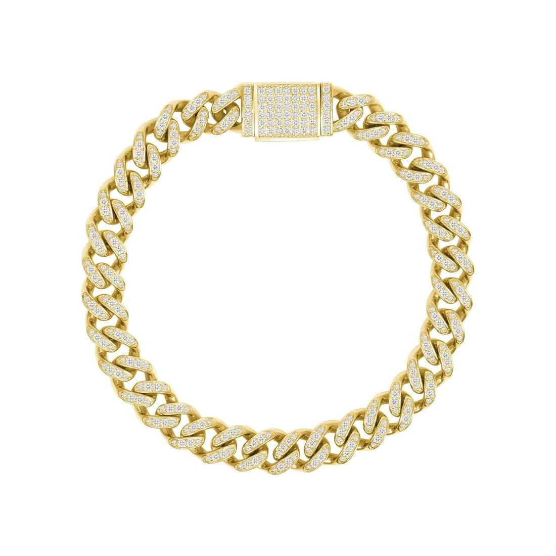 Cuban Link Round Diamond 14K (or 18k upon request) Yellow Gold Bracelet: Cuban Link Round Diamond 14K Yellow Gold Bracelet. Meticulously crafted with round cut diamonds and available in three striking gold finishes—white, yellow, and rose—this piece exudes sophisticati