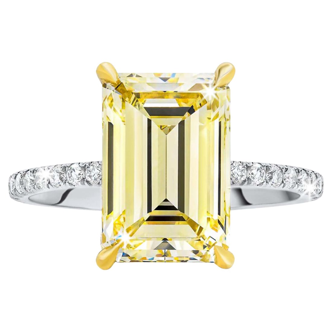 Yellow Emerald Cut Micro Pave 14K (or 18k upon request) Gold Engagement Ring: This elegant engagement ring showcases a stunning emerald-cut diamond, accentuated by delicate micro pavé detailing. Set in 14k white gold, this timeless piece radiates sophistication and brilliance