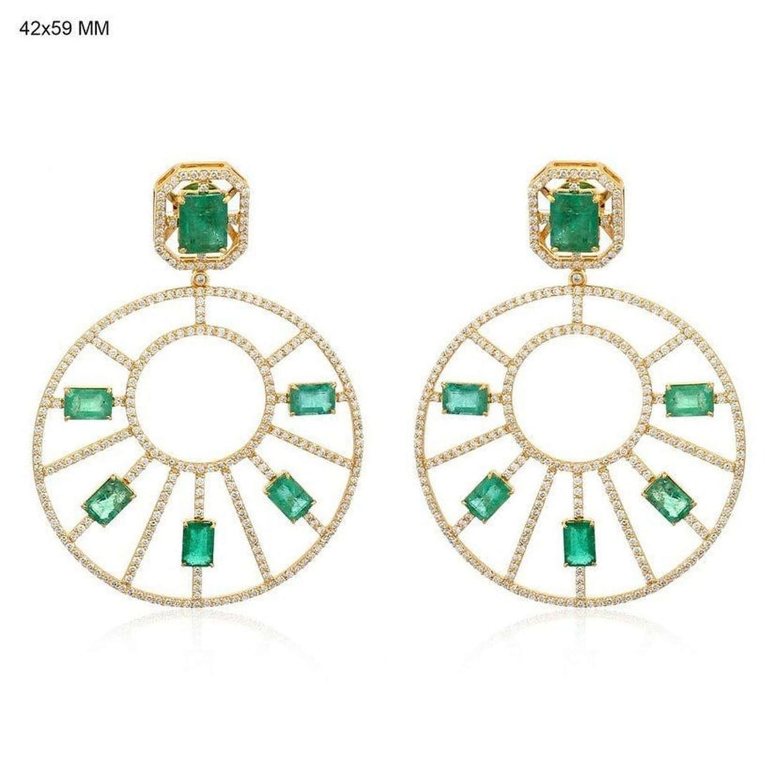 Emerald Diamond 14K (or 18k upon request) Yellow Gold Sunburst Statement Earrings: Make a bold statement with these Emerald Diamond 14K Yellow Gold Sunburst Statement Earrings, featuring 3.38ct of radiant diamonds and 8.22ct of vibrant emeralds. Crafted in a luxurious 15g design, th