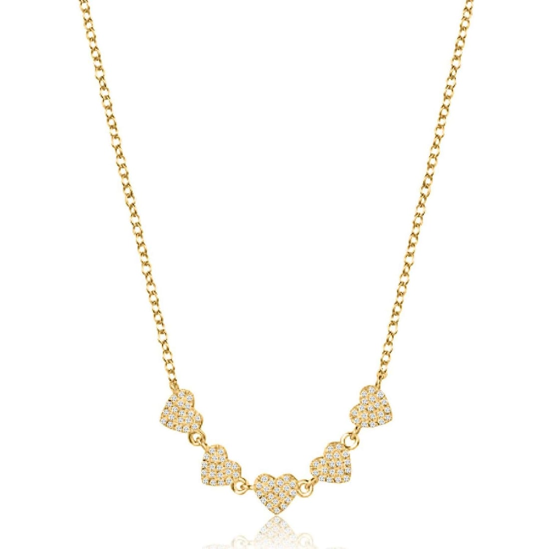 Five Pave Hearts 14K (or 18k upon request) Yellow Gold Diamond Necklace: This exquisite necklace showcases the perfect blend of elegance and charm, featuring five delicate heart-shaped designs adorned with sparkling natural diamonds. The timeless beauty of 14k gold, availa