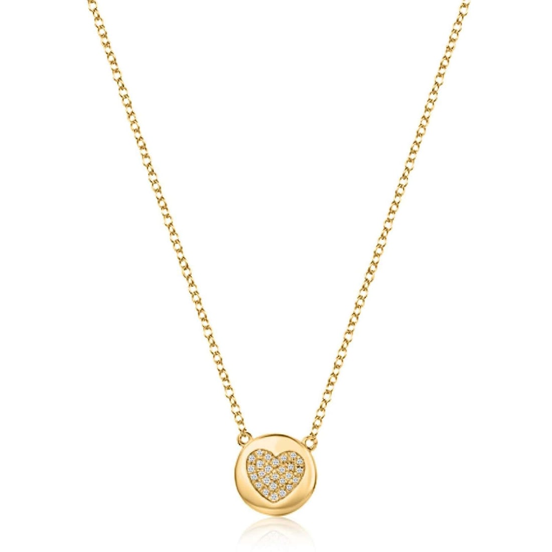 Diamond Glamour Disc 14K (or 18k upon request) Yellow Gold Heart Necklace: The graceful allure of this 14k Gold Diamond Disc Heart Necklace. Featuring natural diamonds and available in rose, yellow, or white gold, this necklace offers a subtle yet captivating sparkle. Perfec