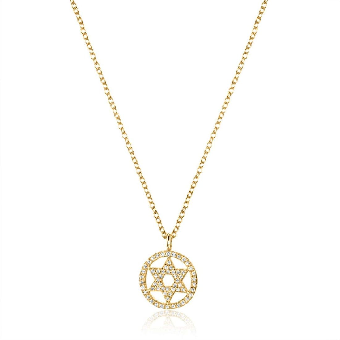 Star of David Circle 14K(or18kupon request) Yellow Gold Diamond Pendant Necklace: Shine like a star with this exquisite Star of David Circle 14K Yellow Gold Diamond Pendant Necklace Featuring natural diamonds, this elegant piece adds a subtle sparkle to any outfit. Available in Ros