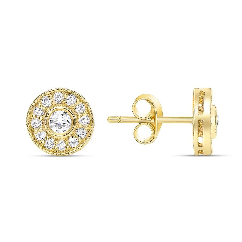 Round Diamonds Push Back 14K (18k upon request) Yellow Gold Halo Stud Earrings: These dazzling Diamond Halo Stud Earrings feature a pair of Round Cut Diamonds accompanied by smaller Round Cut Diamond side stones set in beautiful Halo setting in 14k Solid Gold metal. Perfect as a 