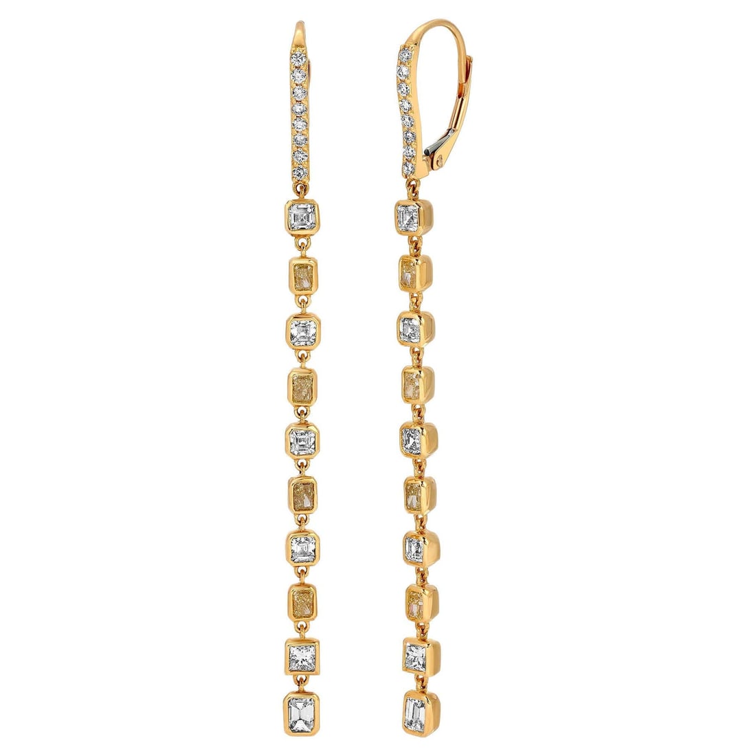 Asscher and Emerald Cut 18K Yellow Gold Diamond Delicate Modern Earrings: These stunning 18k yellow gold earrings feature an exquisite Asscher cut, designed to capture the light beautifully from every angle. Crafted with natural diamonds, they offer a perfect blend of