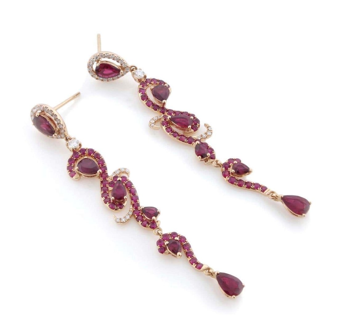 Ruby Drop Dangle 18K Rose Gold Intricate Earrings - 2