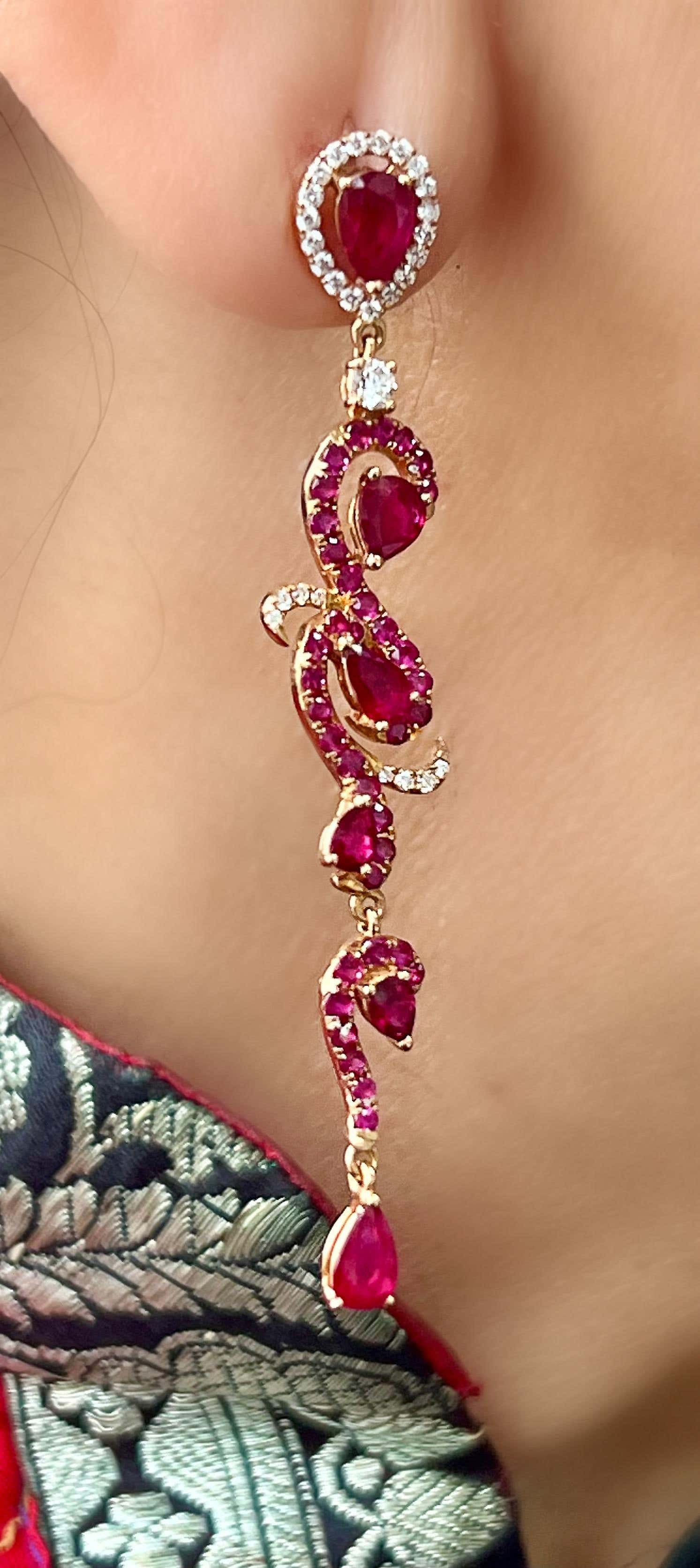 Ruby Drop Dangle 18K Rose Gold Intricate Earrings - 4