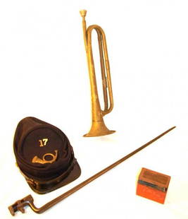 Civil War Items: Percussion cap box, Bugle, Union hat with #17 & Horn pins, 24" long bayonnet.