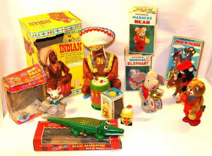 Wind Up & Mechanical toys: Louis Marx mechanical walking Brnaby Banana/ mechanical Frankonia Maracas Bear, musical elephant, Japan/ Cragstan Whimsy Pals, wind up, rocking walk action, Japan/ wind up motor, Jack-O-Panda, Japan/