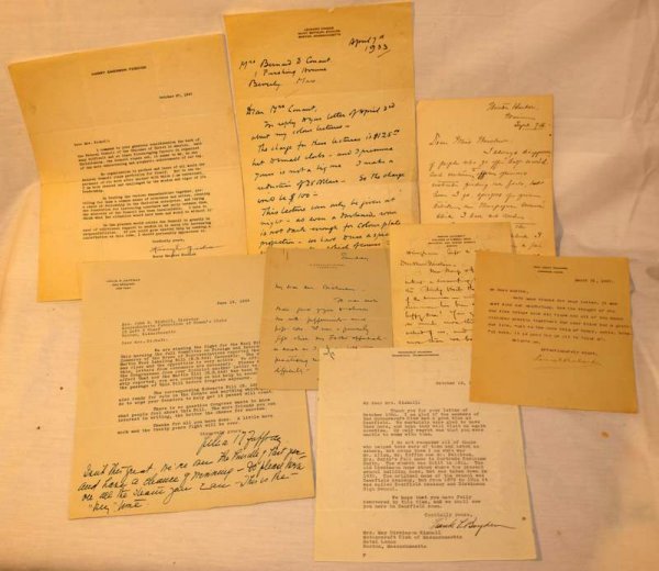 Signed & Handwritten letters including Leonard Cra: 8 letters: Leonard Craske Saint Botolph Studios Boston 1933/ Harry Emerson Fosdick 1947/ Julia K. Jaffrey 1939/Frank Boyden Deerfield Academy, MA 1938/ Boston University 1919 unknown/ Berkeley St. Cam