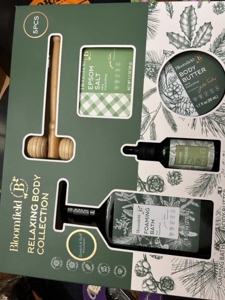 Bloomfield Relaxing Body Collection Set: This relaxing body collection includes Epsom salt, foaming bath, body butter, and massage oil, perfect for a soothing spa experience at home.