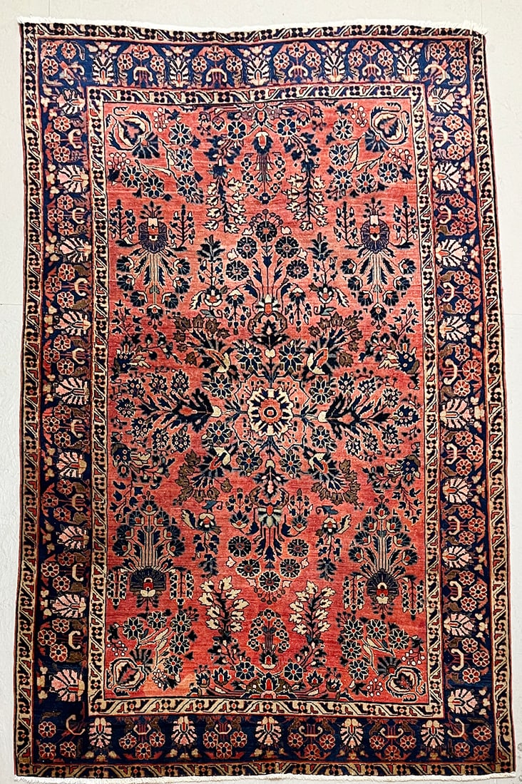 Antique Persian Sarouk Rug, 4'4" x 6'8" - Classic Floral Design in Rich Coral and Navy (1 of 3)