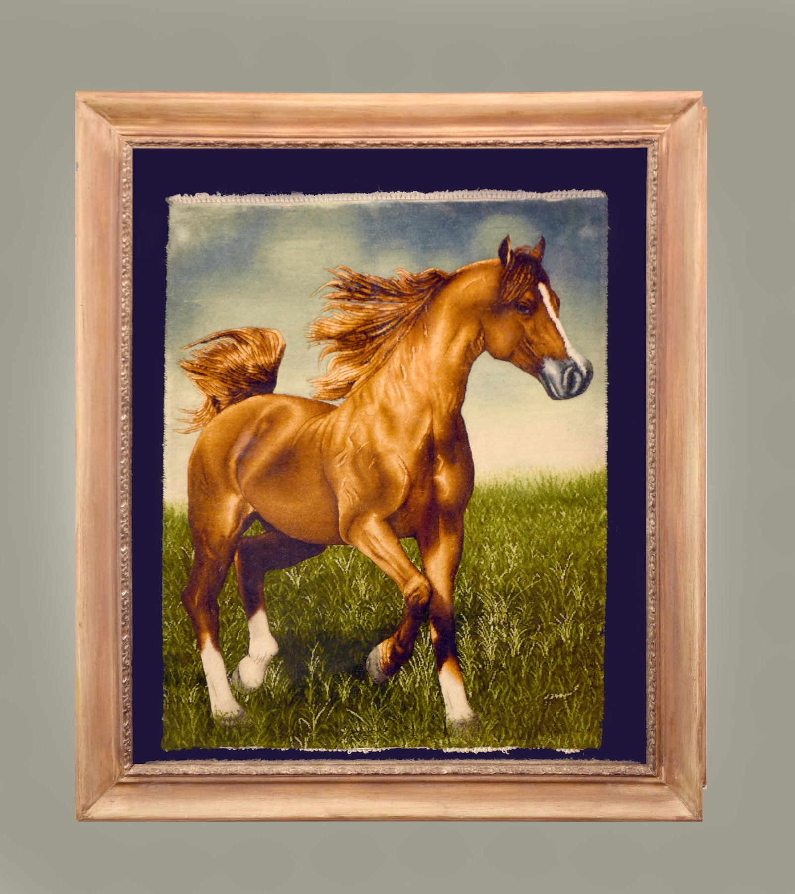 Horse Portrait Persian Rug: This exquisite Persian rug is a masterful work of art, combining the traditional craft of rug weaving with the dynamic realism of a painted portrait. The rug features a stunning depiction of a powerfu