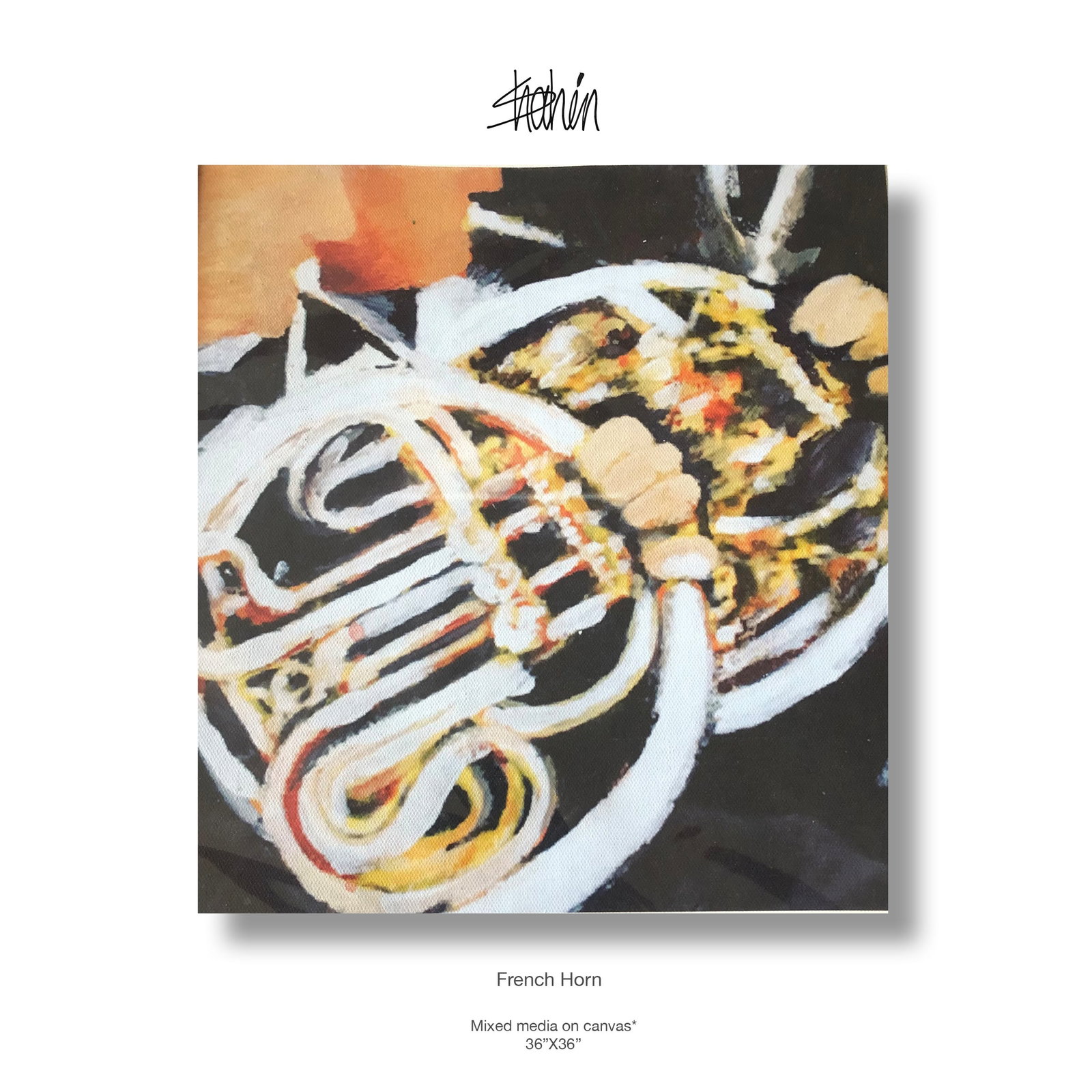 French Horn Mixmedia On Canvas By Shaheen Zarookian: French Horn is a bold, expressionistic tribute to the mechanical and melodic grace of brass. Eschewing a traditional, polished depiction, Zarookian uses a thick, gestural application of white and crea