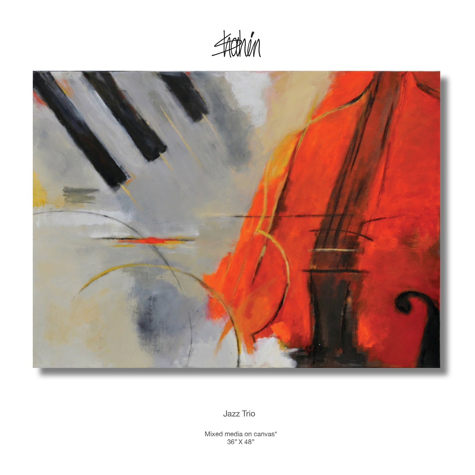 Jazz Trio Mixmedia on canvas vy Shaheen Zarookian: In this large, dramatic mixed media work, Shahrook Zarookian captures the dynamic energy and complex interplay of a jazz ensemble through an abstract, expressionistic lens.Jazz Trio is a vibrant