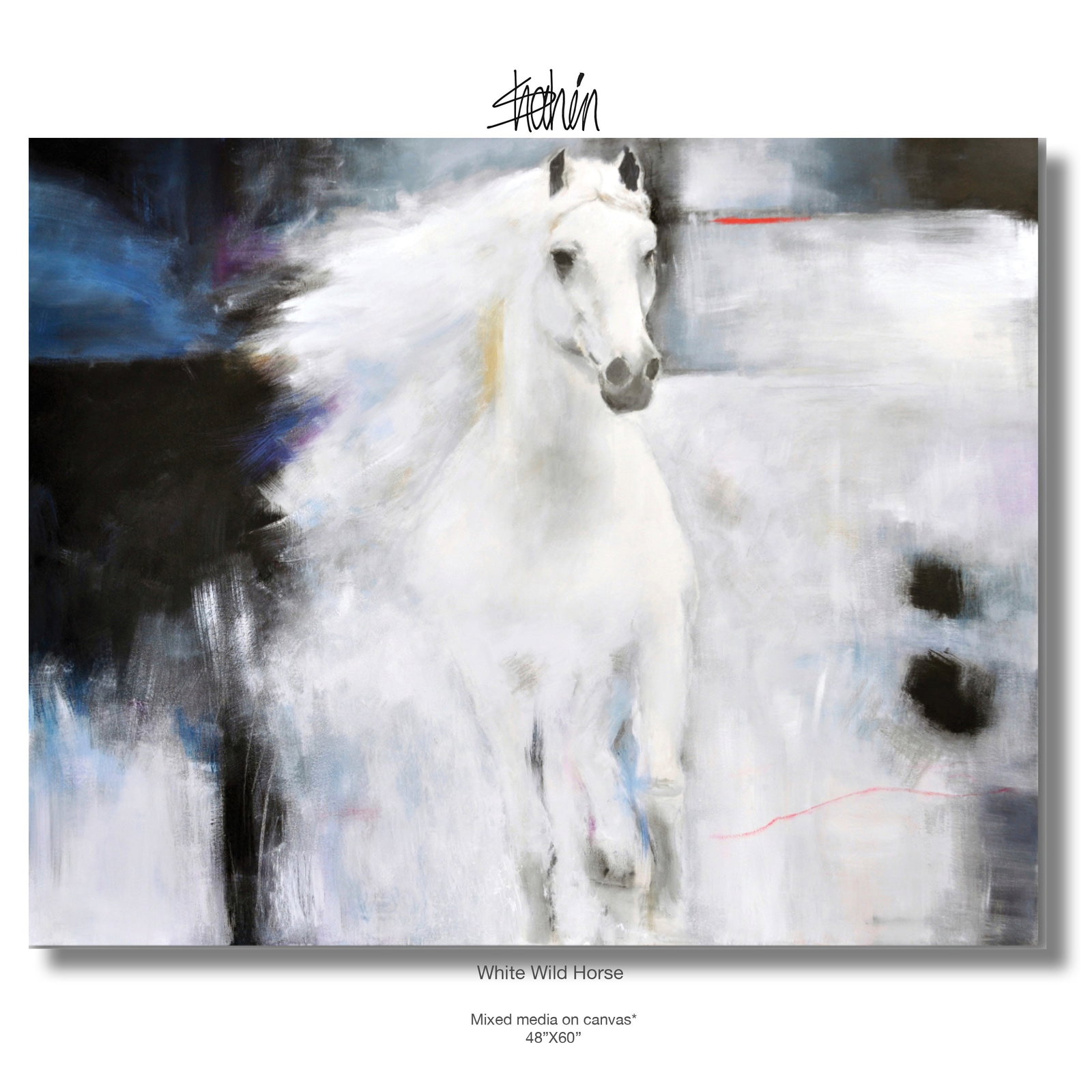 White Wild Horse Mixmedia on Canvas by Shaheen Zarookian: White Wild Horse is a large-format exploration of speed, power, and movement, rendered in a striking, high-contrast abstract style. The composition is built around the forward surge of a magnificent