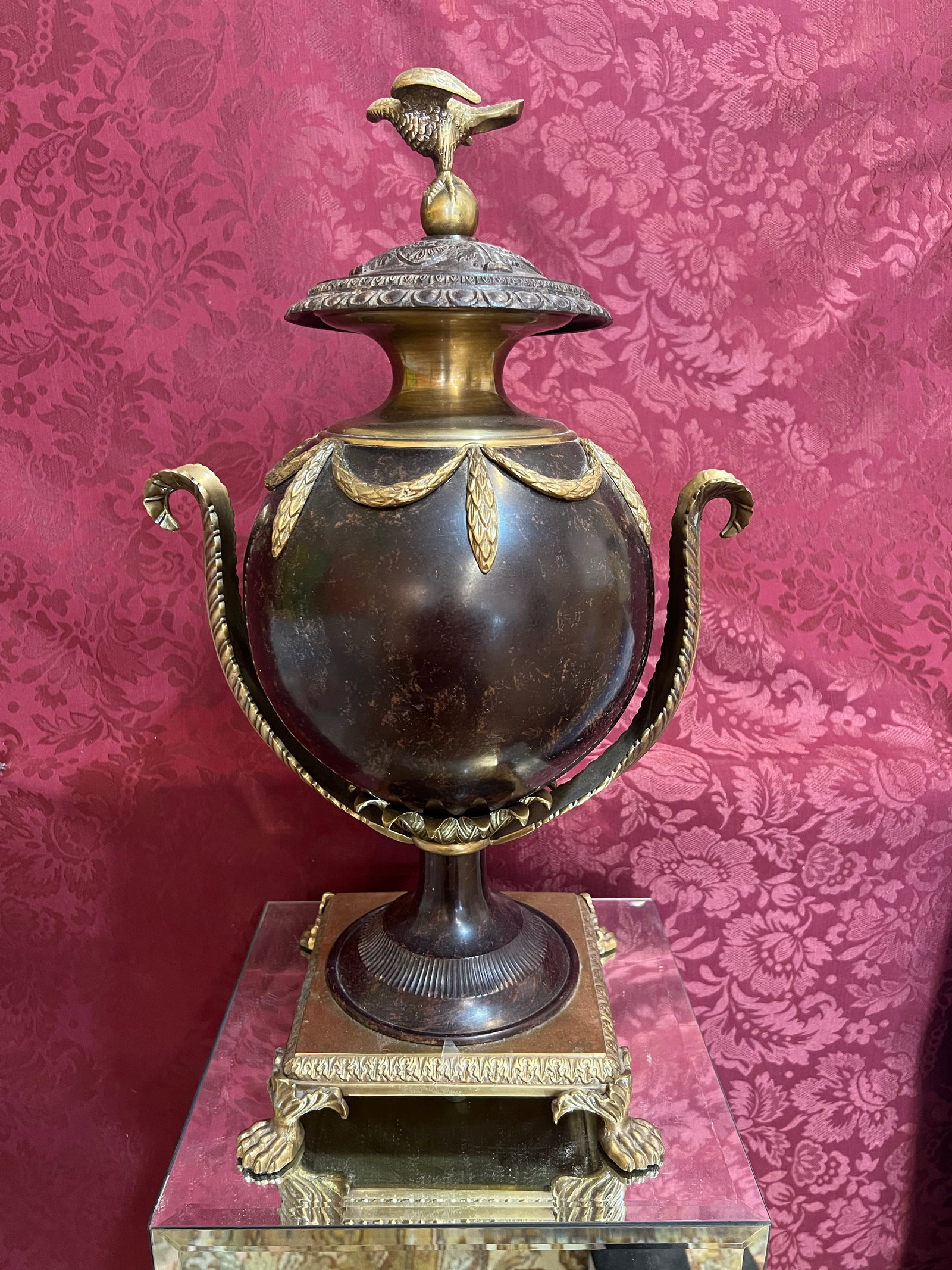 Antique French Empire Style Bronze and Patinated Metal Urn with Eagle Finial (1 of 4)