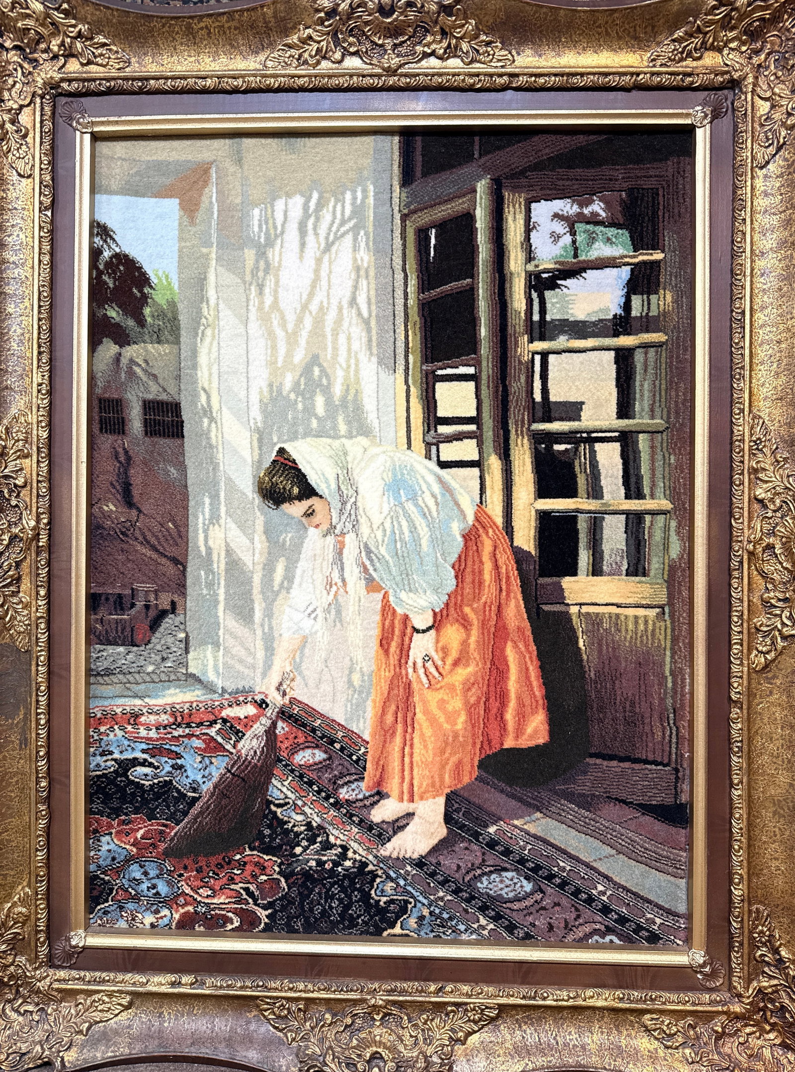 Charming Vintage Pictorial Tabriz Persian Rug, Framed and Exquisitely Detailed: Enhance your decor with this captivating vintage Tabriz Persian rug, beautifully framed and ready to adorn your wall. The rug itself measures 1'10" x 2'9", while the elegant frame brings the overall