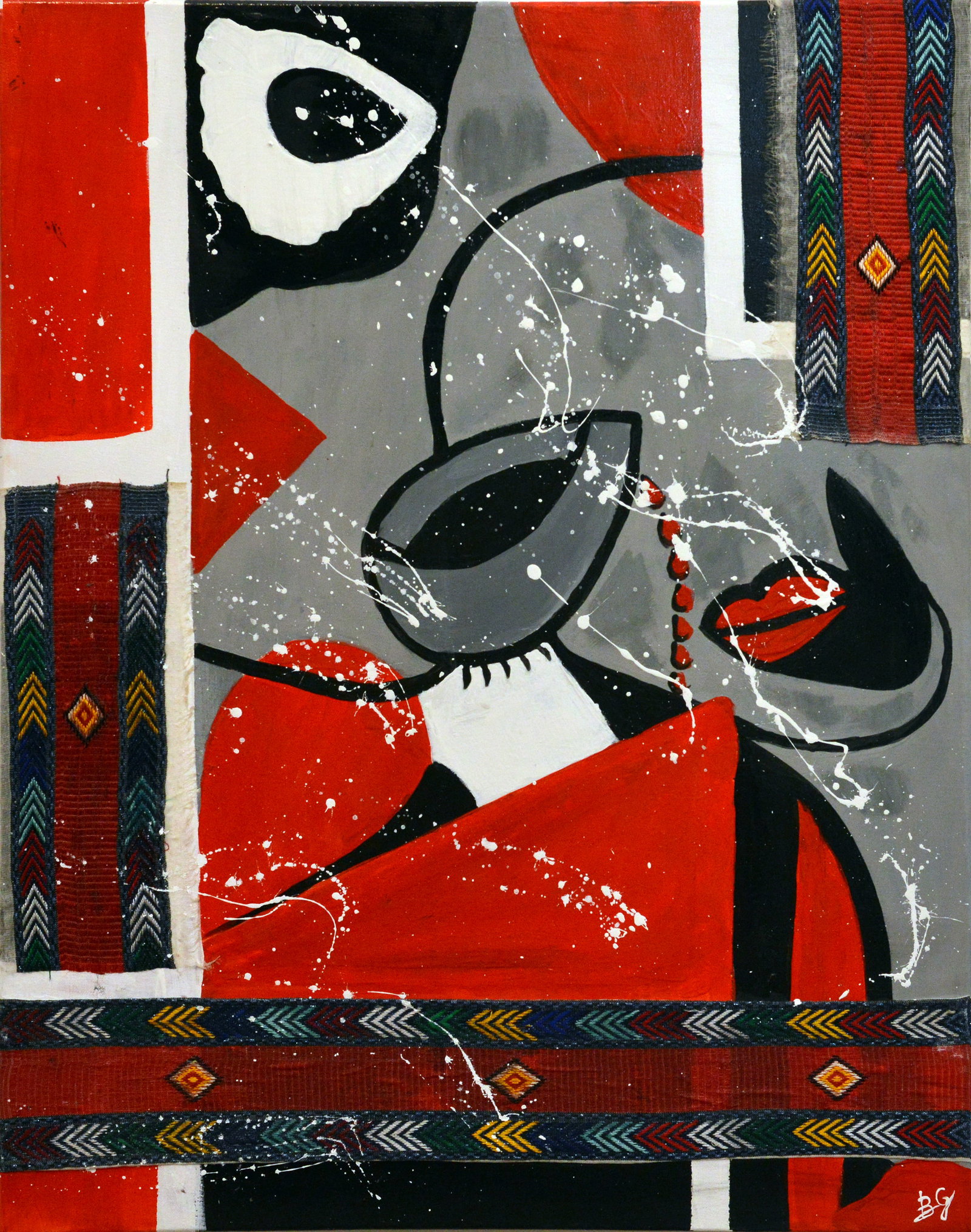 Cultural Fusion: This dynamic mixed media piece by Rebeka Gatechew is a vibrant exploration of texture, color, and cultural influences. The artist masterfully blends oil paint and fabric, creating a visually rich and 