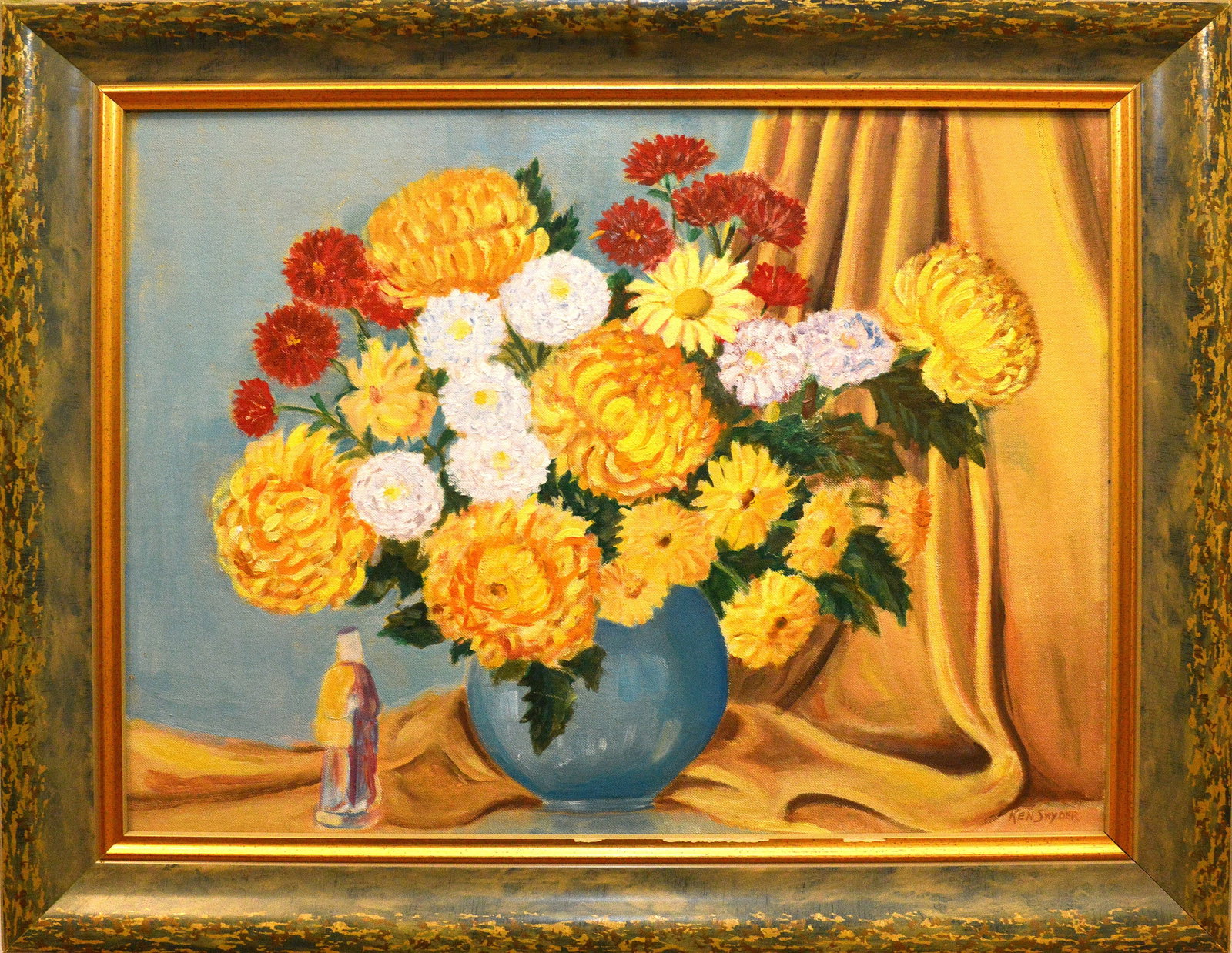 Autumn's Embrace: This vibrant oil painting by Ken Snyder captures the rich hues and textures of a bountiful floral arrangement. Dominated by a variety of chrysanthemums in shades of gold, crimson, and white, the