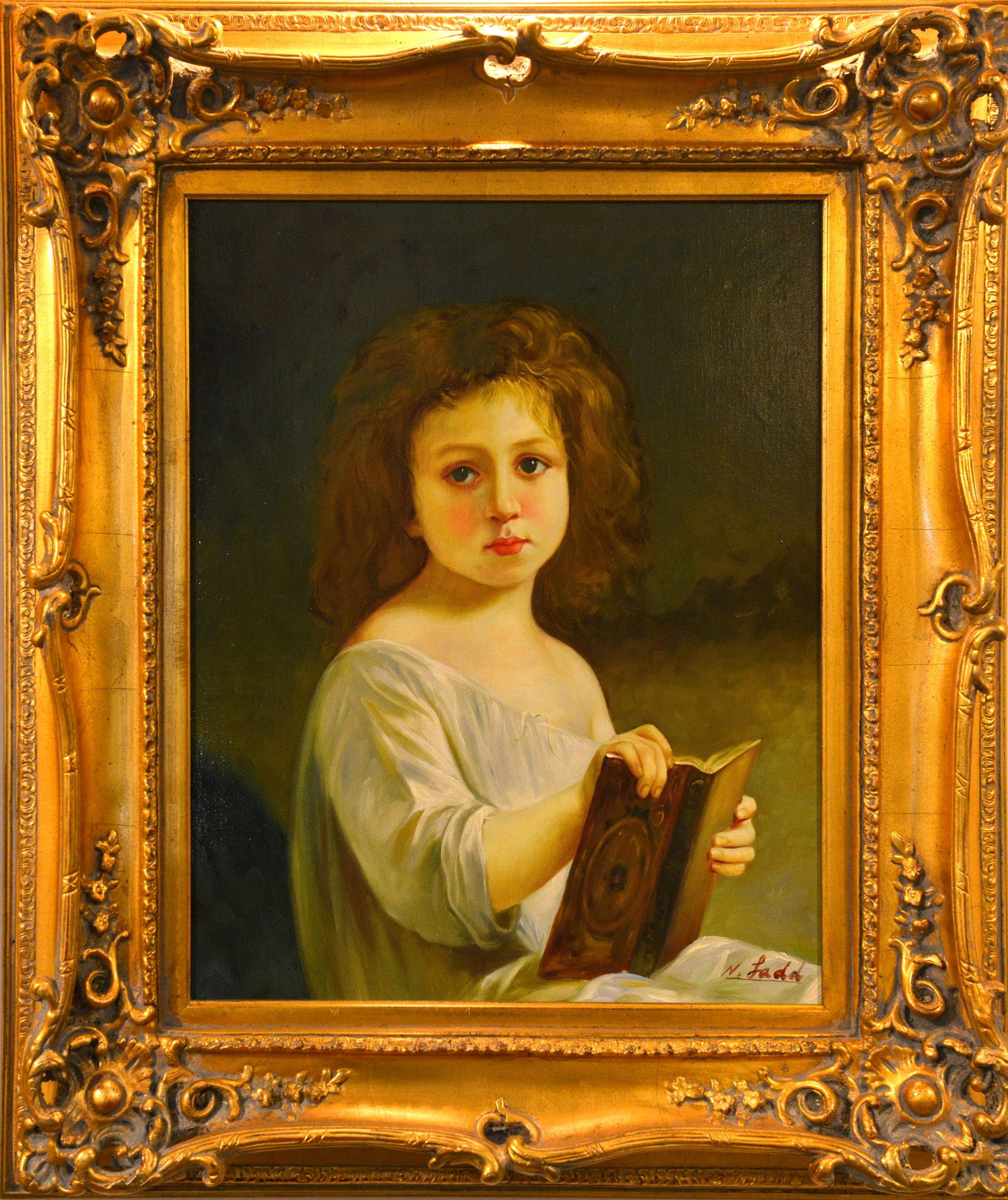 Oil On Canvas By N. Ladd: This canvas, painted with oil, portrays a young reader gazing upwards. It is signed by the renowned artist N. Ladd. Dimensions are 30 inches by 34 inches, making it a vintage piece.