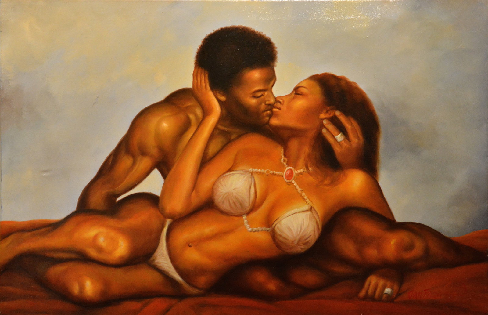 Oil On Canvas By Artist Jan Fran: This original piece features a man and woman locked in a loving embrace, with their wedding rings prominently displayed, on a canvas that measures 24 by 35 inches.SIgned By Artist Jan Fran
