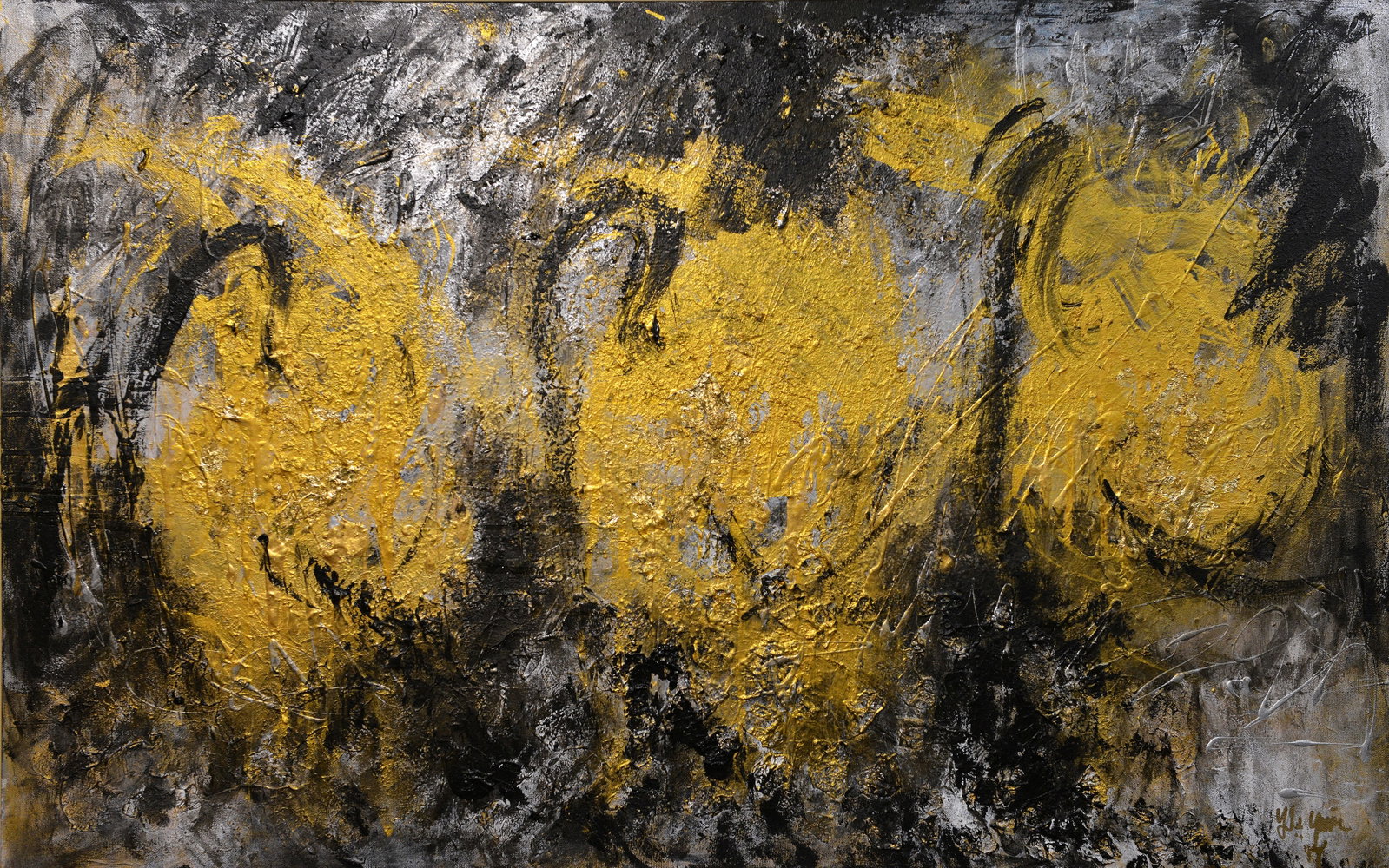 Golden Abyss: This striking abstract painting by Yasmen, titled "Golden Abyss," captivates with its dramatic interplay of gold, black, and silver hues. The artist's bold brushwork and textured application of paint 