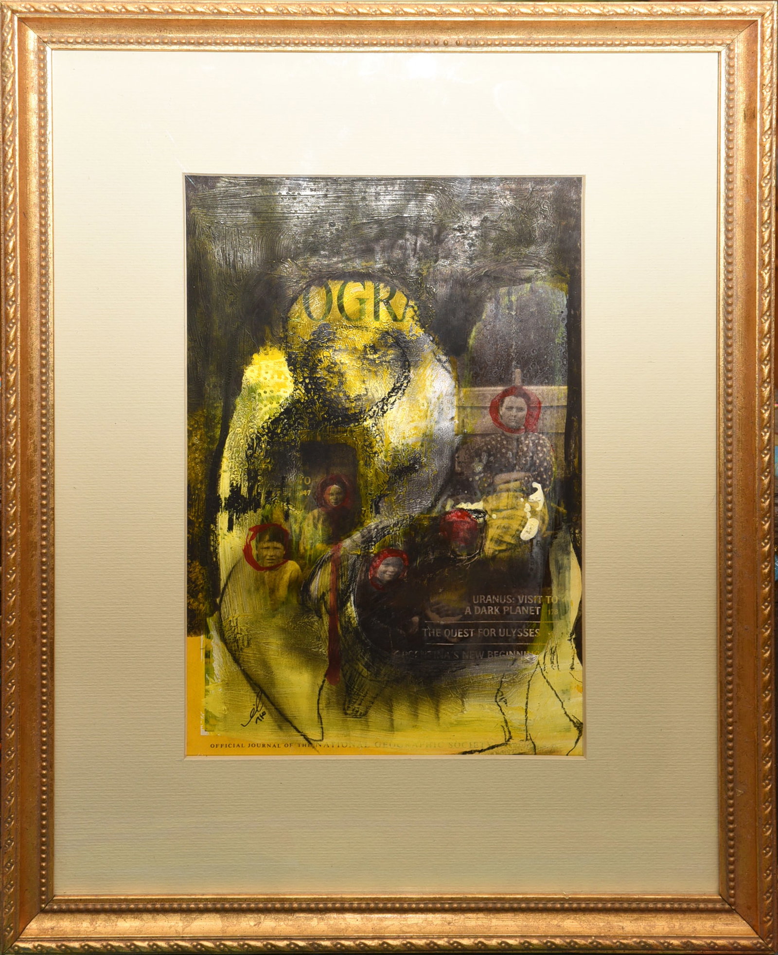 Layered Histories: This intriguing mixed media work by Reza, titled "Layered Histories," transforms a National Geographic Society cover page into a multi-dimensional artwork. The artist layers paint, imagery, and text