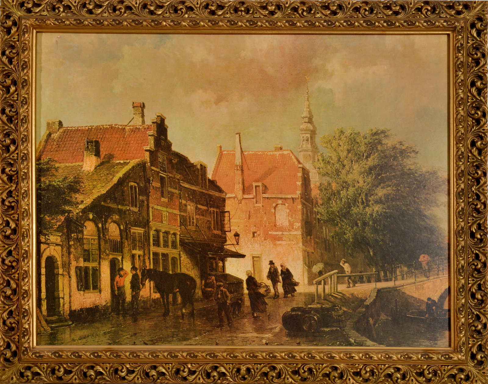 Dutch Canal Scene - Litho Print on Board: This charming litho print on board captures the essence of a quaint Dutch canal scene. The picturesque view depicts traditional houses lining the canal, with a church spire rising in the distance.