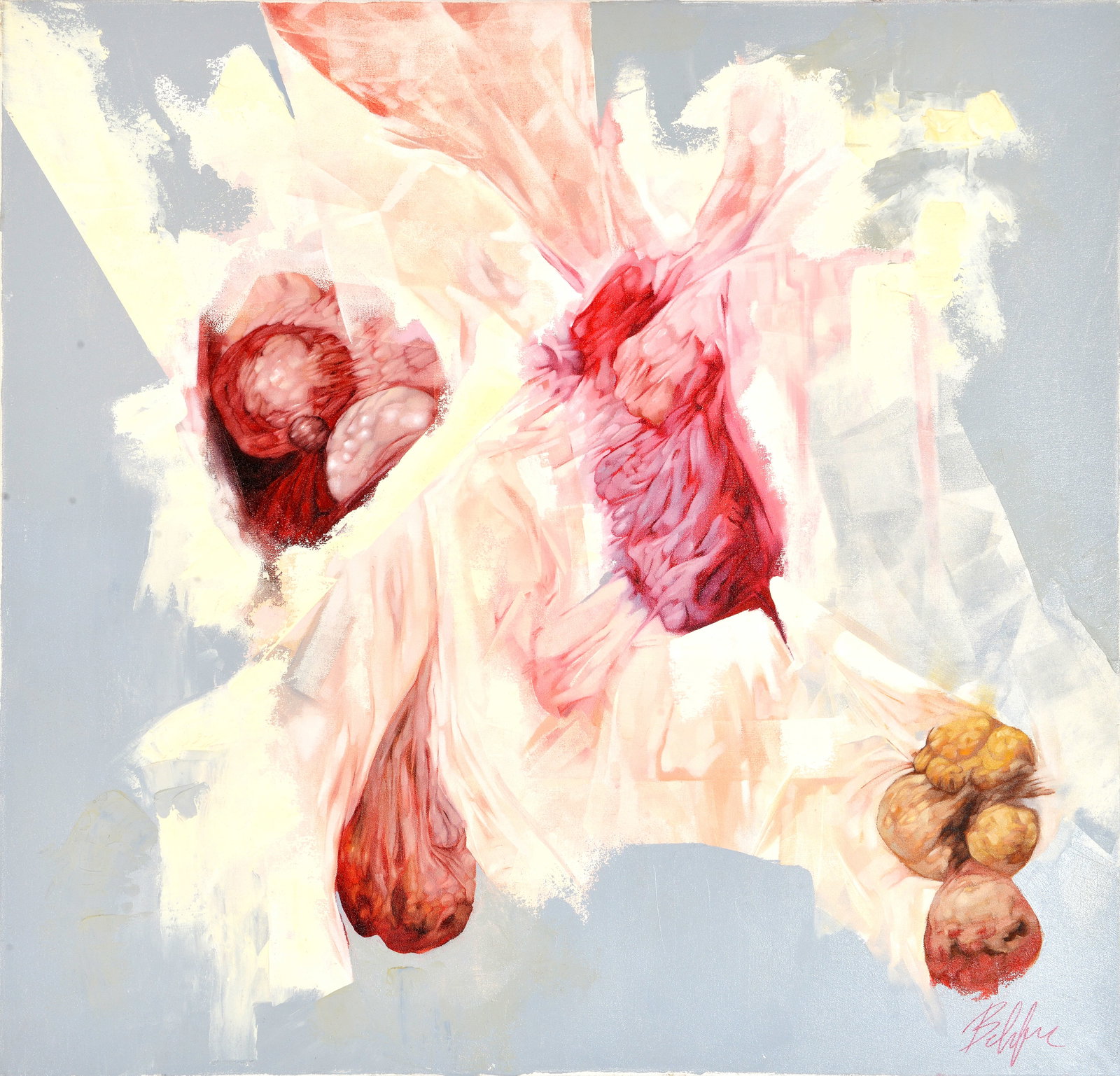 Emergence Acrylic on Canvas By artist Behfar: This captivating acrylic on canvas painting by Behfar, titled "Emergence," invites viewers to contemplate the intricate beauty of organic forms. The artist masterfully employs a palette of pinks,