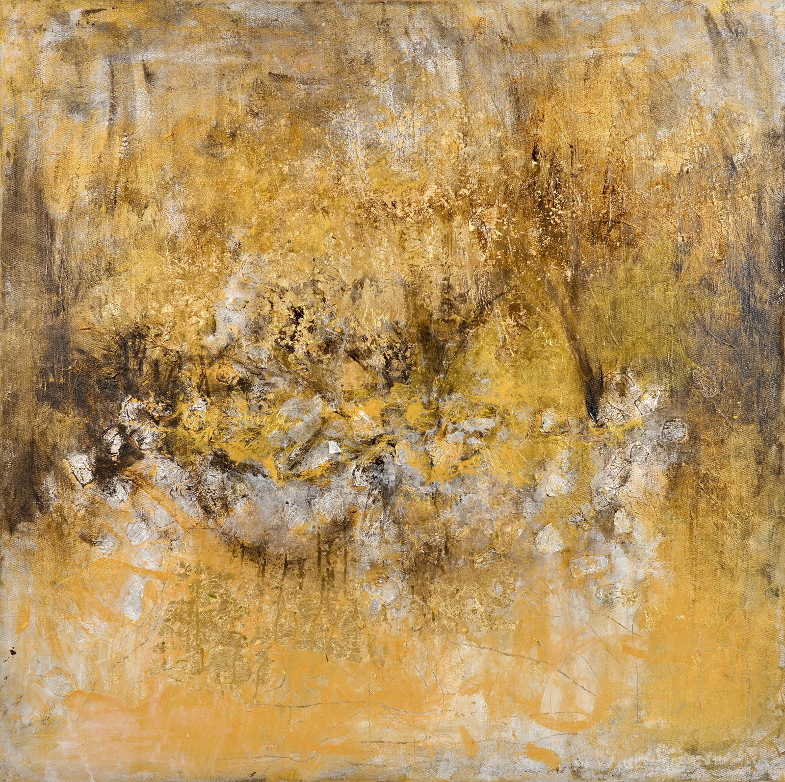 Golden Whispers By Artist Yasmen: This abstract acrylic painting by Yasemen, titled "Golden Whispers," captivates with its rich textures and evocative interplay of gold, silver, and earthy tones. The artist's dynamic brushwork and