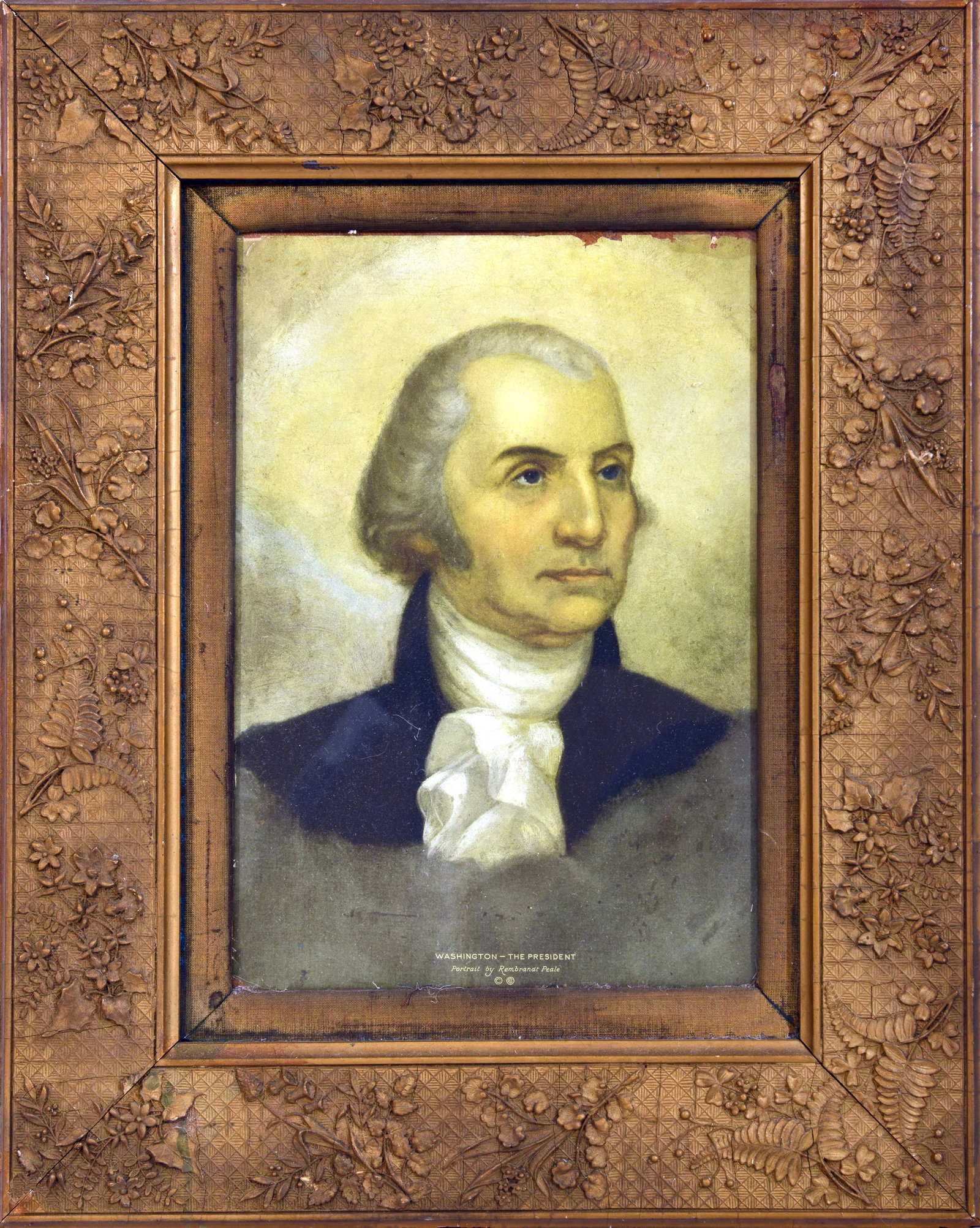 Portrait of George Washington: This vintage lithograph print presents a stately portrait of George Washington, the first President of the United States. The image likely draws inspiration from a famous historical portrait,