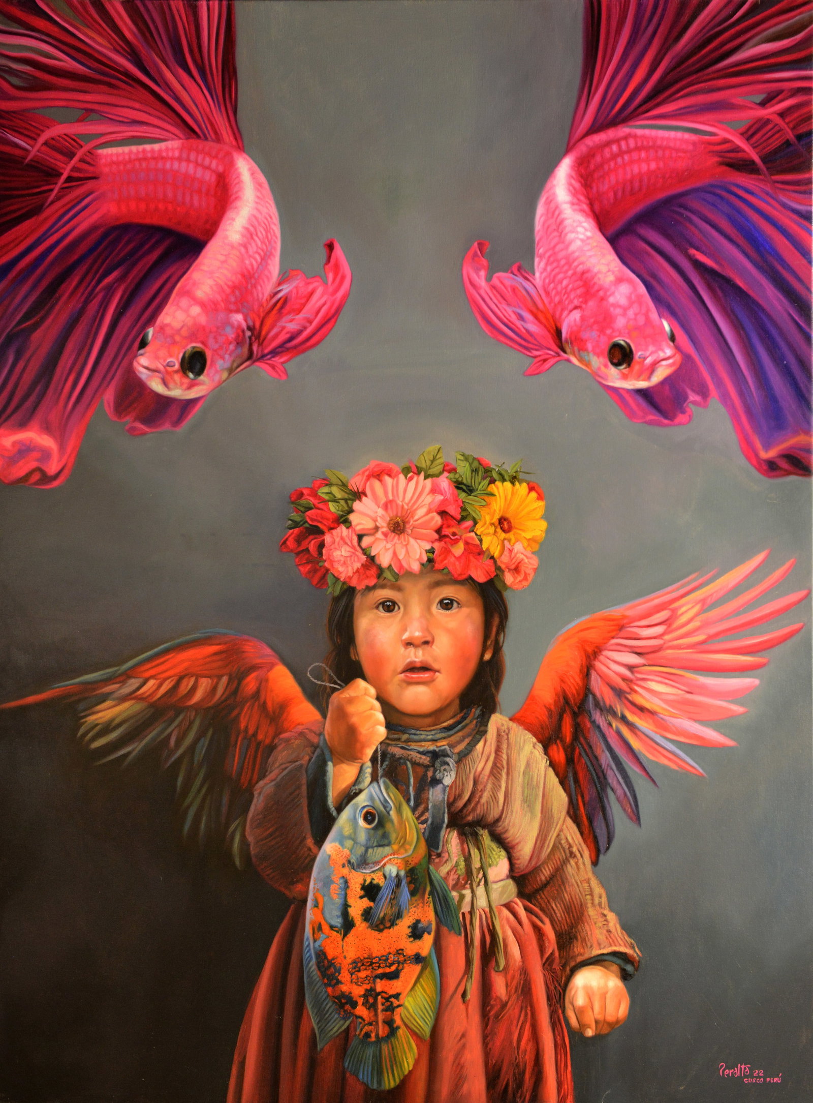 Pink Flying Fish: This beautiful artwork is a GICLEE on canvas print of the stunning Pink Flying Fish by artist PERALTA. The large print measures 53 inches in height, 39 inches in length, and 5 inches in width. It is
