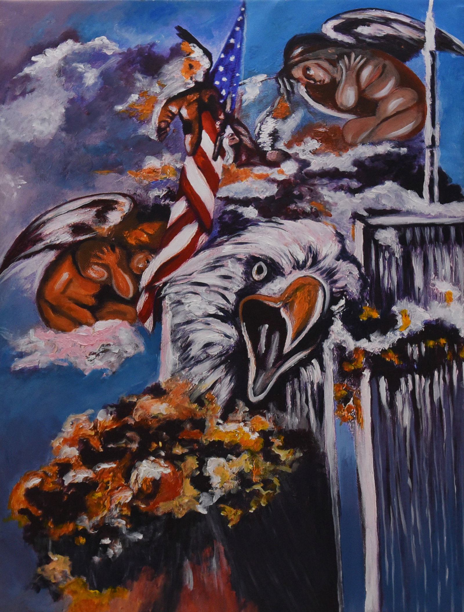 Patriotic Vision Davood Roostaie(1959-2023): This giclee art, sized 29" x 40", is a powerful and evocative piece by the late artist Davood Roostaie (1959-2023). The artwork features a striking composition with an American flag prominently
