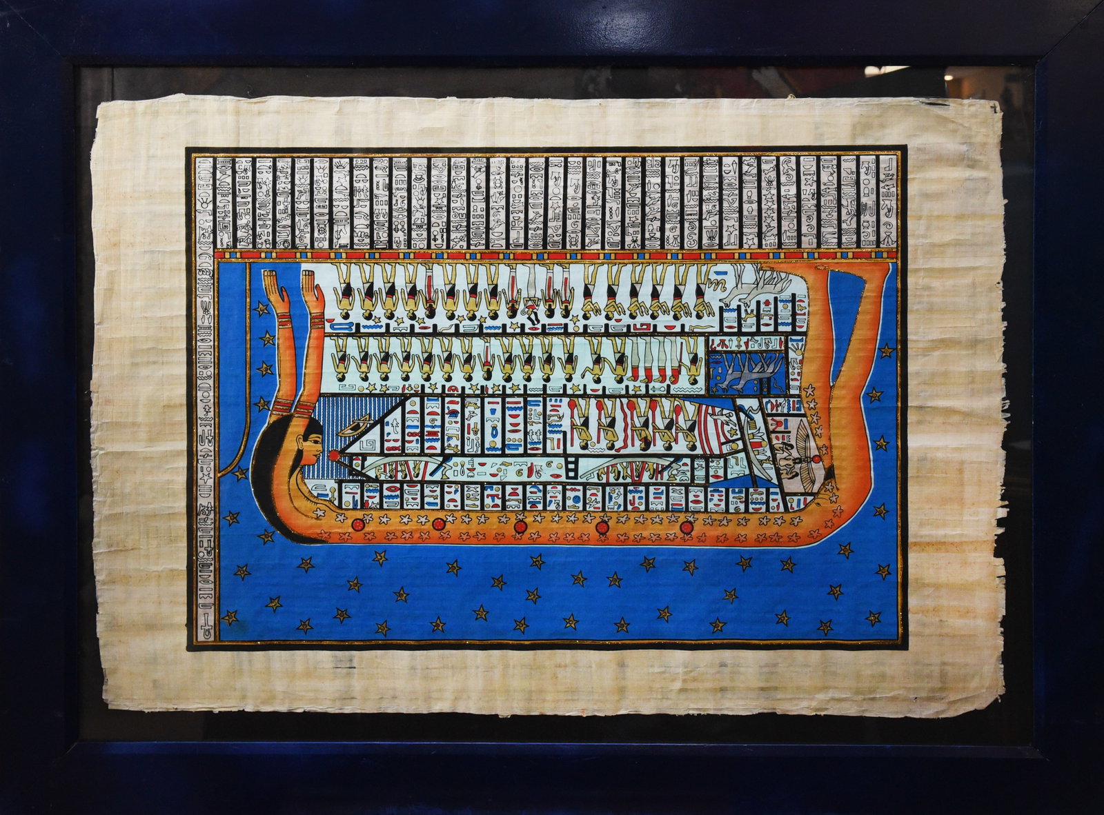 Rebirth on the Nile: A Pharaonic Scene: Experience the majesty of ancient Egypt with this exquisite papyrus artwork by artist Badr Roshdi. Measuring 34" x 44", this piece captures a scene of the sun god Re's journey across the heavens in