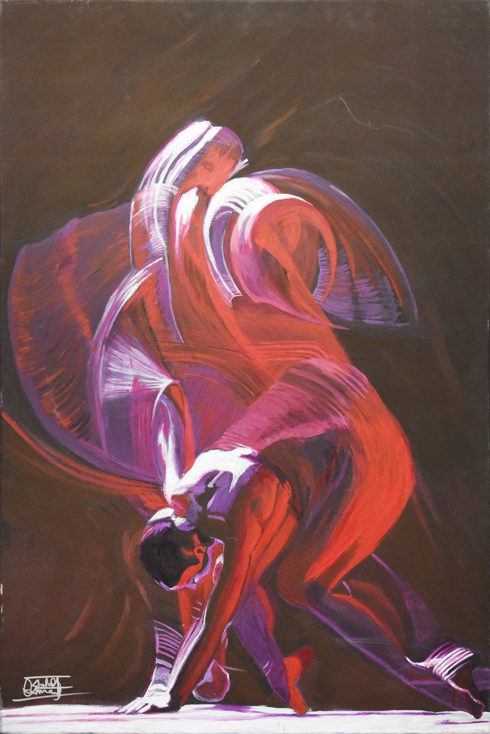 Dance of Light and Shadow, Acrylic on Canvas: Experience the captivating energy of movement with "Fluidity of Movement," an Acryliyc on canvas by artist Esmail Khalalfa. This 37" x 24" artwork features abstract figures engaged in a dynamic