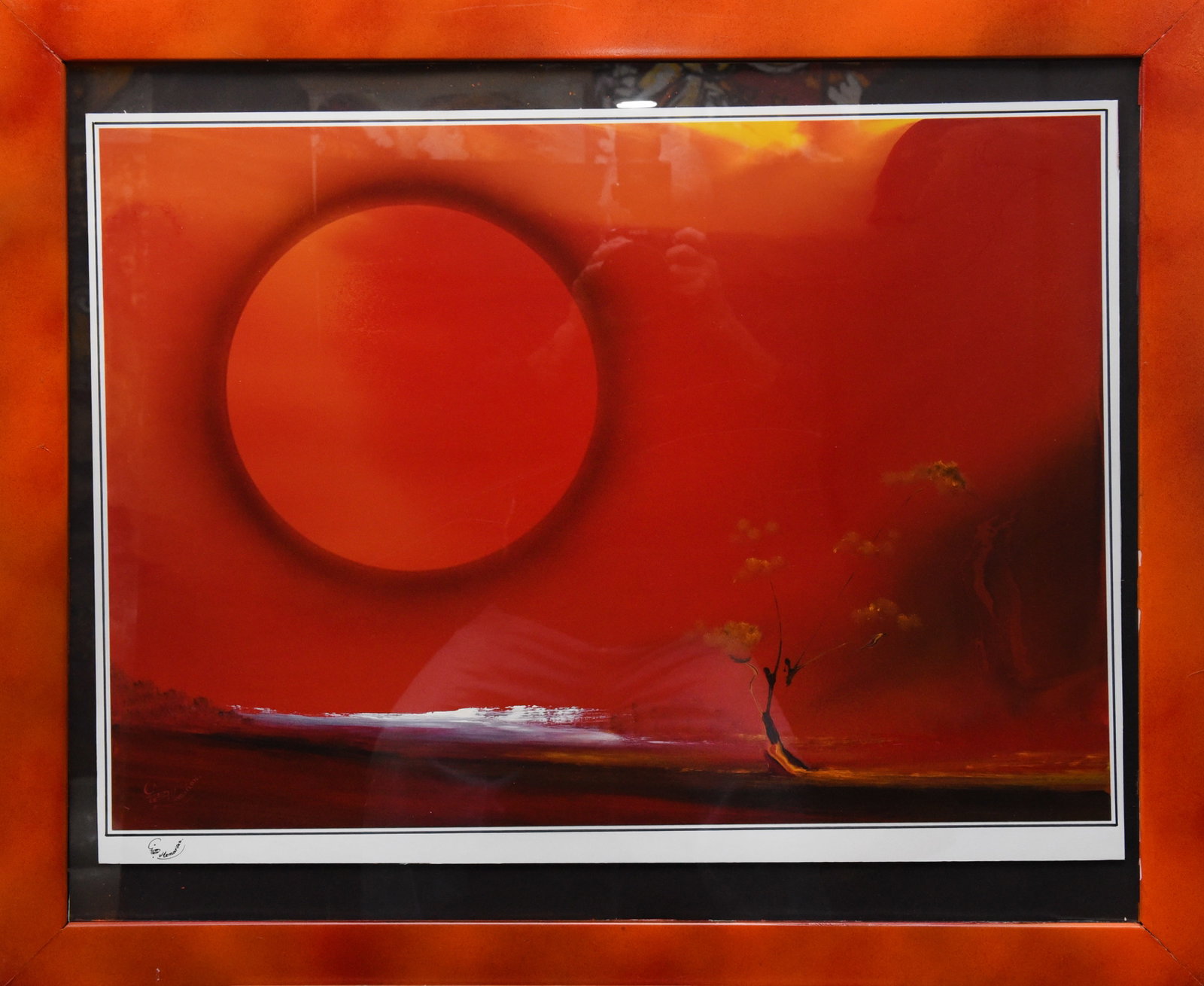 Crimson Horizon oil on Paper by Memarian: Immerse yourself in the radiant warmth of Memarian's Crimson Horizon," an oil on paper masterpiece measuring 33" x 29". This captivating artwork features a luminous red orb, reminiscent of a setting