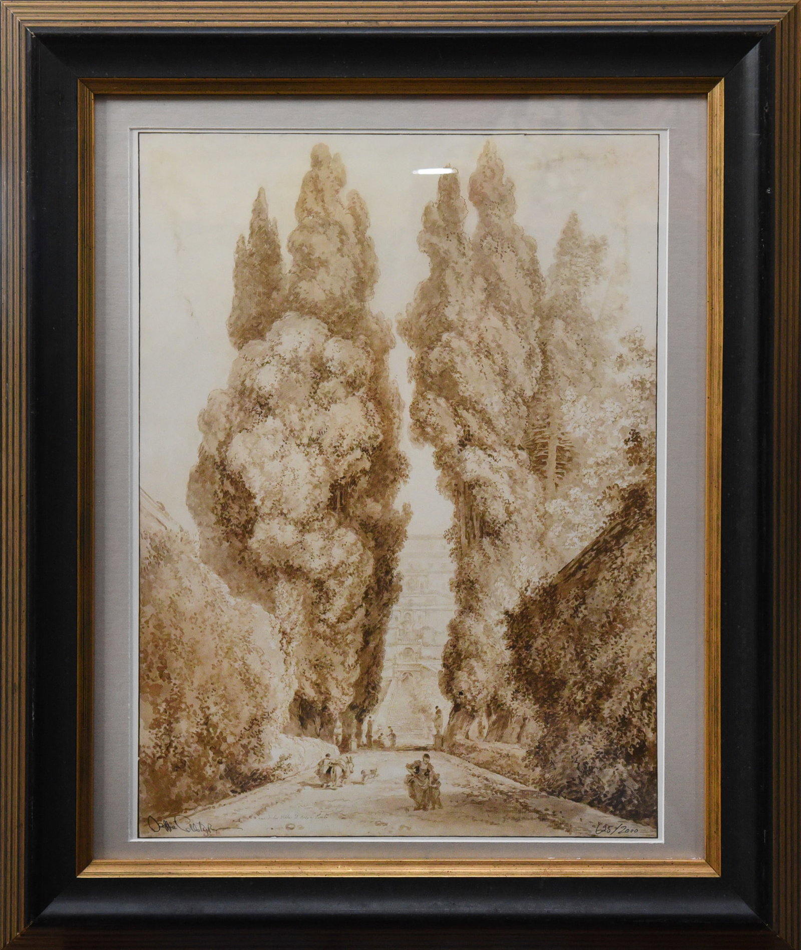 Jean-Honore Fragonard(1732-1806): Limited edition lithograph titled "Cypress Avenue," numbered 625/2000. The artwork features a path lined with towering cypress trees in a classic landscape style. Dimensions: 21" x 25".