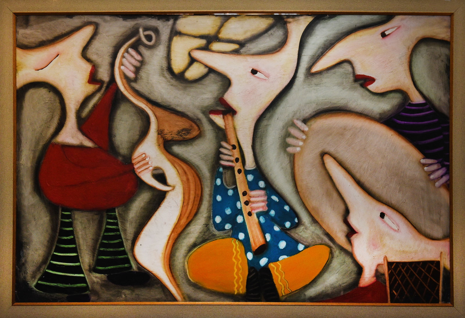 The Gathering: Oil on board, 51" x 35", by Kambiz. This captivating composition features stylized figures engaged in a musical performance. The artist employs bold lines and a vibrant palette to create a dynamic