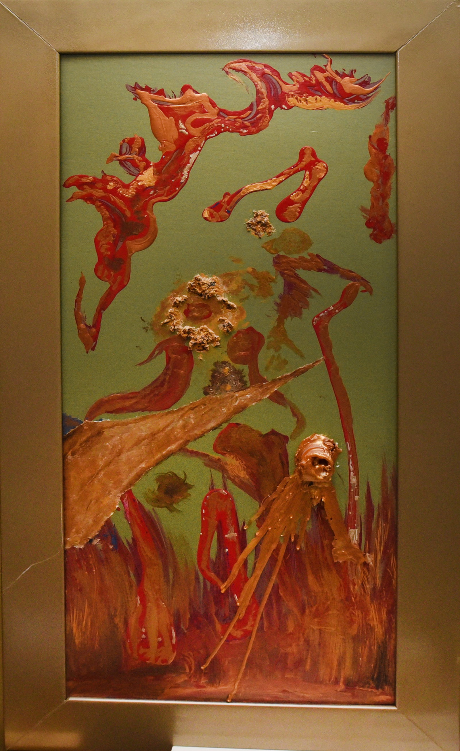 Whispers of the Soul: Acrylic on board, 20" x 36", by Abbas Shirmohammadi. This dynamic composition features abstract figures rendered in warm, earthy tones against a cool green backdrop. The artist's expressive use of