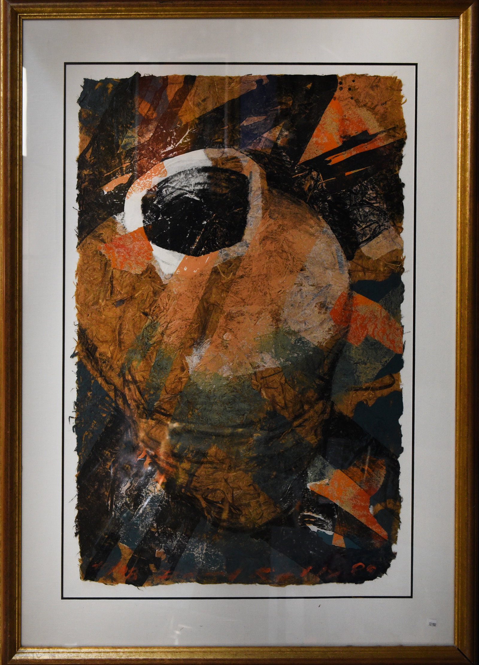 Abstract Form with Vessel: Mixed media artwork, 51" x 38". This piece features a textured, abstract background layered with various materials and techniques. A central form resembling a vessel or container dominates the