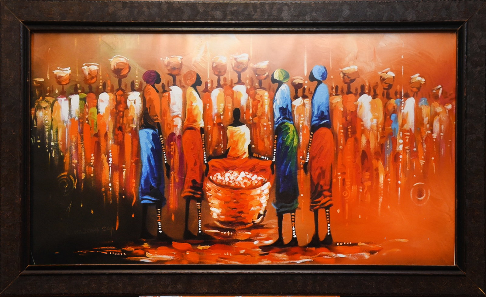 Market Day Symphony: Experience the warmth and vibrancy of 'Gathering at Dusk,' an art print capturing a scene rich in texture and color. The artist's use of impasto creates a dynamic surface, bringing the figures and
