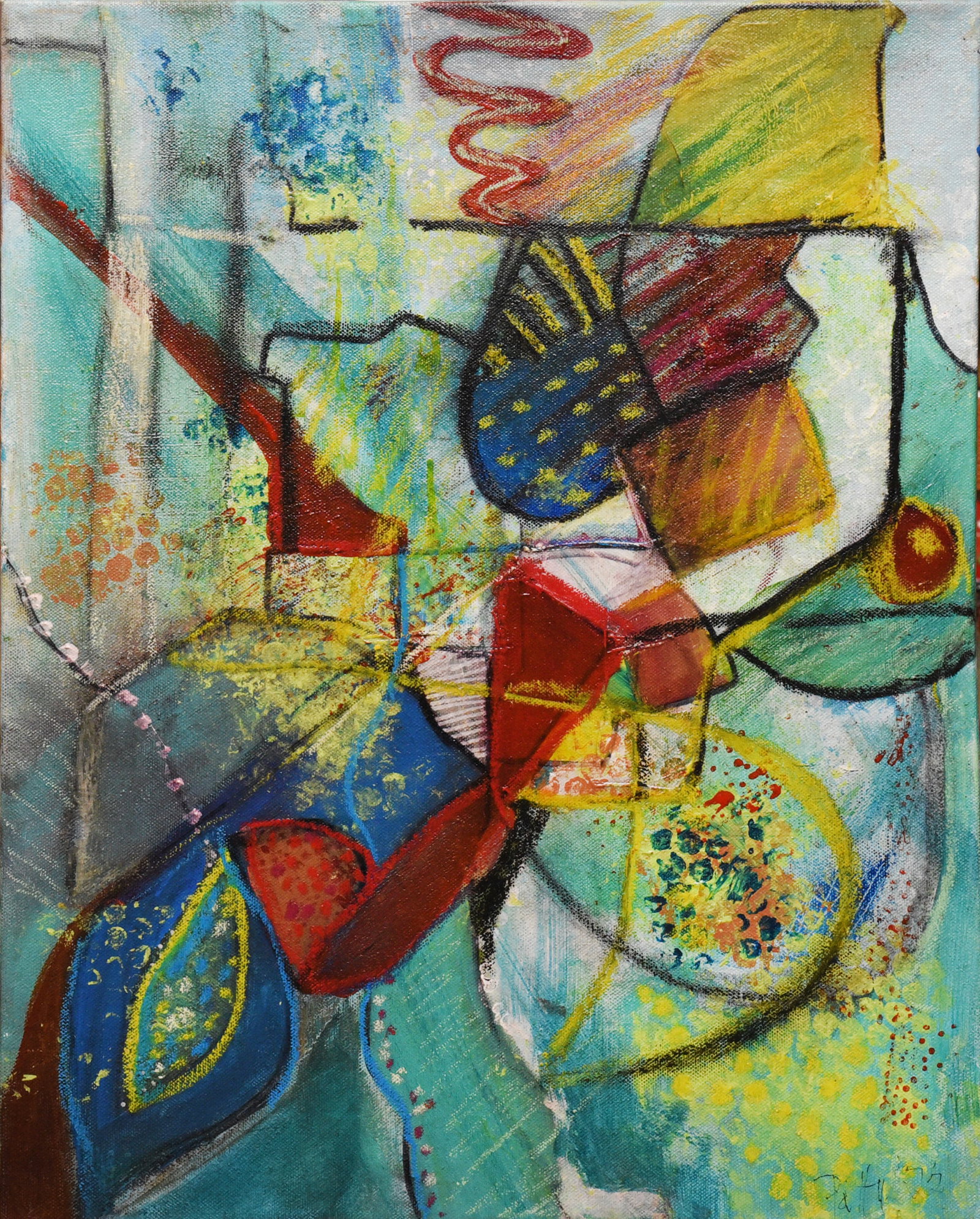 Chromatic Dialogue: Dive into a world of vibrant color and intriguing textures with 'Chromatic Dialogue,' a 16" x 20" mixed media artwork. This piece features a dynamic interplay of teal, red, yellow, and blue hues,