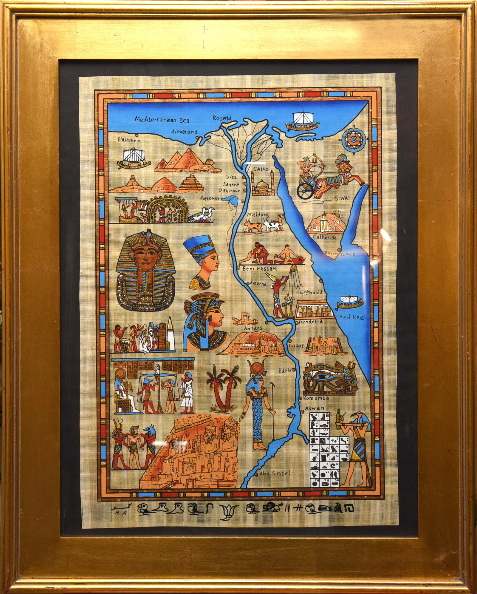 Ancient Egypt Map & Life Scenes on Papyrus: Immerse yourself in the world of pharaohs and gods with this meticulously crafted Egyptian papyrus artwork. Measuring 23" x 29", the piece features a stylized map of the life-giving Nile River, flowin
