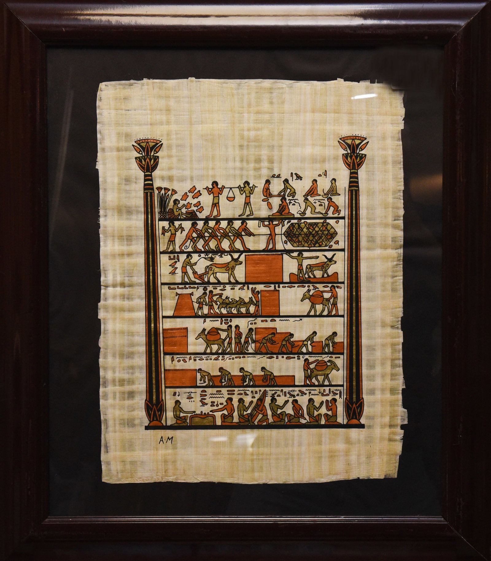 Egyptian Agricultural Scene on Papyrus, Signed AM (1 of 3)