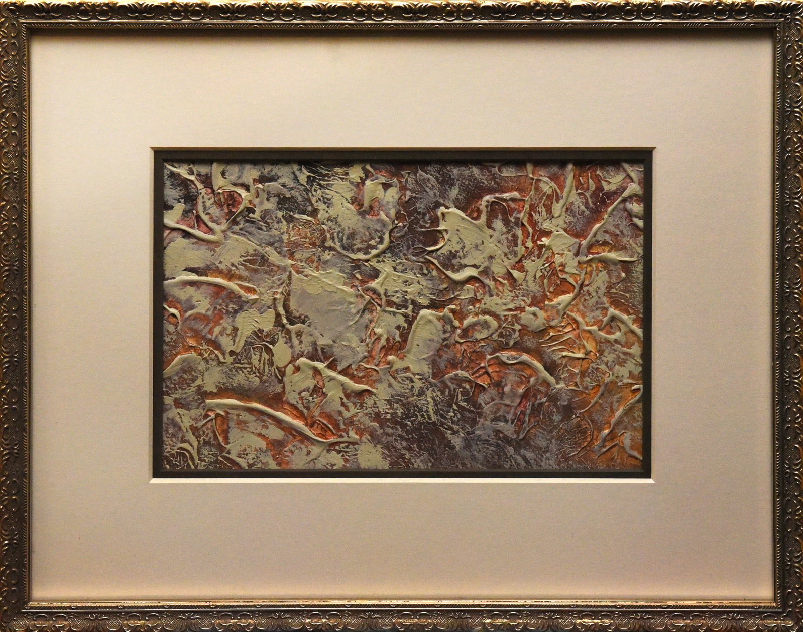 Abstract Landscape: This acrylic painting, sized 21" x 16", features an abstract composition with a mix of textured and smooth surfaces. The color palette is primarily muted, with grays and whites dominating, while