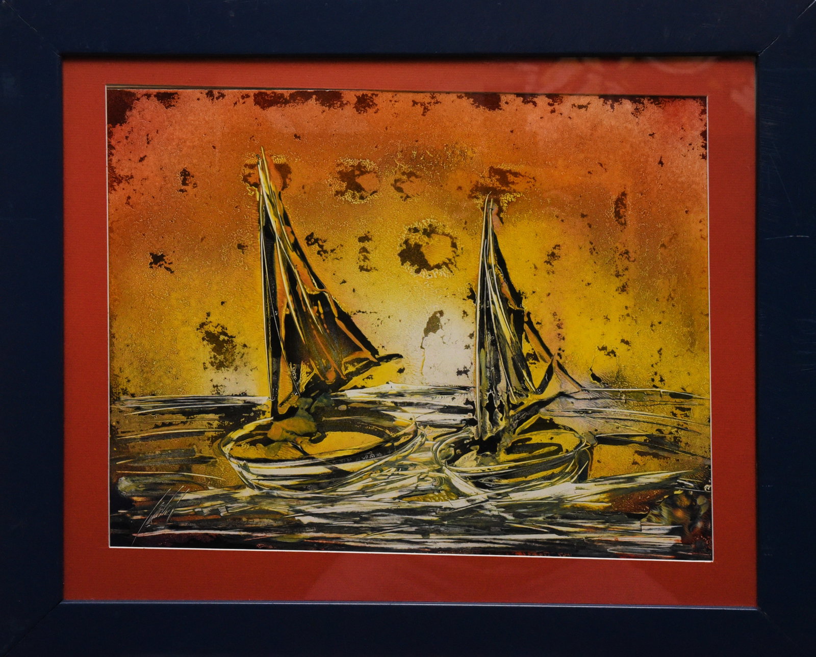 Sunset Regatta: This art print, sized 24" x 20", captures a serene scene of two sailboats navigating calm waters under a vibrant sunset. The warm hues of orange, yellow, and red dominate the sky, creating a stunning